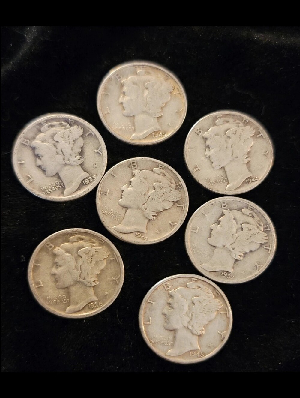 Lot of 7 Mercury Dimes 90% Silver - 1929 1936 1937 1944 1944 1945 1945 Winged